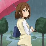  1girl bag brown_eyes brown_hair hirasawa_yui k-on! rain school_uniform short_hair sizuku555_(1704677) sweater_vest umbrella 