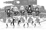  5girls akiyama_yukari dancing gangnam_style girls_und_panzer isuzu_hana long_hair military military_vehicle monochrome multiple_girls nishizumi_miho panzerkampfwagen_iv parody reizei_mako school_uniform serafuku short_hair skirt takebe_saori tank vehicle vinhnyu 