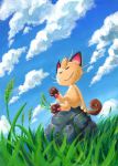  bad_id closed_eyes clouds grass meowth no_humans pokemon pokemon_(creature) rock sanshoku_iruka sitting solo wind 