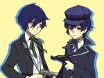  1boy 1girl aiwatan androgynous arisato_minato blue_eyes blue_hair bust cabbie_hat dress_shirt evoker grey_eyes gun hat headphones headphones_around_neck persona persona_3 persona_4 revolver school_uniform shirogane_naoto shirt short_hair weapon 