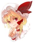  1girl blonde_hair bow bust choker flandre_scarlet hair_bow hat hat_ribbon red_eyes ribbon short_hair side_ponytail simple_background smile solo tlman touhou white_background wrist_cuffs 