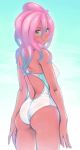  1girl ass back bare_shoulders bubuzuke green_eyes looking_at_viewer looking_back monster_girl octopus one-piece_swimsuit original solo swimsuit tan 