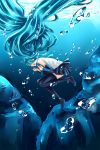  1girl aqua_hair bubble closed_eyes detached_sleeves hatsune_miku highres long_hair necktie open_mouth solo submerged thigh-highs twintails underwater very_long_hair vocaloid yamajiai 