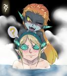  1boy 1girl ? blonde_hair blush covering_eyes fang grabbing_from_behind hair_down imp link long_hair maniacpaint midna neon_trim nude onsen orange_hair partially_submerged pointy_ears red_eyes steam the_legend_of_zelda twilight_princess very_long_hair wink yellow_sclera 