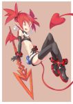  1girl bat_wings black_gloves black_legwear demon_tail disgaea earrings elbow_gloves etna gloves jewelry open_mouth overloadetna pointy_ears polearm red_eyes redhead short_hair short_shorts shorts solo spear tail thigh-highs twintails weapon wings wink 