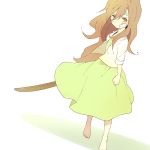  1girl aisaka_taiga bandages barefoot blush bokken brown_eyes brown_hair dress frown long_hair ochappa simple_background sleeves_rolled_up solo sword tears toradora! weapon white_background wooden_sword 