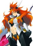  1girl amou_kanade bodysuit headgear high_collar highres horns long_hair magical_girl midriff navel orange_eyes orange_hair polearm senki_zesshou_symphogear simple_background solo tomaty. weapon 