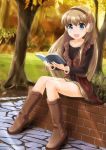  1girl :d autumn blue_eyes book boots brick brown_hair cobblestone collarbone deza earmuffs grass holding holding_book idolmaster knee_boots knees_together_feet_apart lace legs long_hair long_sleeves looking_at_viewer migiko open_mouth outdoors shirt sitting skirt smile solo sunbeam sunlight tree 