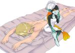  1boy 1girl blonde_hair grin imp link long_hair low-tied_long_hair maniacpaint mattress midna naked_towel neon_trim pointy_ears red_eyes sitting smile the_legend_of_zelda towel towel_on_head twilight_princess very_long_hair yellow_sclera 