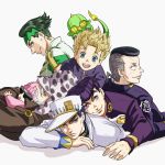  1girl 6+boys baby black_hair blonde_hair blue_eyes echoes_(stand) gakuran green_eyes green_hair hat higashikata_jousuke hirose_kouichi jojo_no_kimyou_na_bouken joseph_joestar ki61 kishibe_rohan kuujou_joutarou multiple_boys nijimura_okuyasu old_man school_uniform shizuka_joestar stand_(jojo) violet_eyes white_hair 