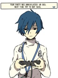  1boy aiwatan arisato_minato blue_hair controller digital_media_player english flat_gaze game_controller headphones headphones_around_neck persona persona_3 solo 