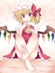  1girl :o ascot bare_legs barefoot blonde_hair blush bow feet flandre_scarlet hair_bow hammer_(sunset_beach) hat open_mouth red_eyes short_hair side_ponytail skirt skirt_set solo touhou wings 