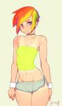 1girl choker doxy flat_chest midriff mound_of_venus my_little_pony my_little_pony_friendship_is_magic navel personification rainbow_dash rainbow_hair short_hair short_shorts shorts simple_background smile solo tan tanline tubetop violet_eyes wrist_cuffs 
