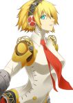  1girl aegis android blonde_hair cyborg green_eyes necktie persona persona_3 persona_4:_the_ultimate_in_mayonaka_arena robot_joints simple_background smile solo 
