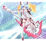  1girl ahoge axe blanc blue_hair bodysuit character_name choujigen_game_neptune elbow_gloves gloves highres kami_jigen_game_neptune_v long_hair looking_at_viewer mizunashi_p payot red_eyes solo symbol-shaped_pupils thigh-highs weapon white_heart 