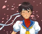  1girl ;) brown_eyes brown_hair cherry_blossoms daniel_macgregor headband kasugano_sakura petals school_uniform serafuku short_hair signature solo street_fighter street_fighter_zero wink 