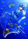  1girl blue_eyes breasts elbow_gloves fish gloves helmet mermaid monster_girl polearm robot rockman rockman_(classic) rockman_9 smile splash_woman trident underwater weapon 