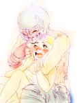  1boy 1girl anna_(gokuaku_no_hana) bandana blonde_hair blush couple happy helmet hug hug_from_behind jagi long_hair smile tapaipai 