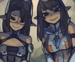  2girls bare_shoulders breasts brown_eyes brown_hair cleavage_cutout eric_muentes glasses grin large_breasts long_hair looking_at_viewer multiple_girls phantasy_star phantasy_star_online_2 pointy_ears red-framed_glasses semi-rimless_glasses smile 
