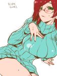  1girl blush breasts glasses green_eyes huge_breasts original ribbed_sweater simple_background solo sweater thighs tokita_monta translation_request turtleneck white_background 