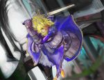  1girl armor armored_dress blonde_hair excalibur fate/stay_night fate_(series) faulds faux_traditional_media full_armor gauntlets hair_bun saber short_hair solo sword vanink weapon yellow_eyes 