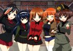  5girls akiyama_yukari anchovy anchovy_(cosplay) black_hair blouse blue_eyes blush bomber_jacket brown_eyes brown_hair cosplay darjeeling darjeeling_(cosplay) dress_shirt fur_hat garrison_cap girls_und_panzer hairband hand_behind_head hat isuzu_hana jacket kay_(cosplay) kay_(girls_und_panzer) koumou_usagi looking_at_viewer messy_hair military military_uniform miniskirt multiple_girls necktie nishizumi_maho nishizumi_maho_(cosplay) nishizumi_miho nonna nonna_(cosplay) open_mouth orange_eyes orange_hair pants pleated_skirt reizei_mako riding_crop salute shirt short_hair short_shorts shorts side-by-side skirt smile standing t-shirt takebe_saori thigh-highs uniform ushanka vest white_legwear wink 