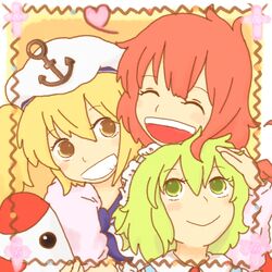  3girls blonde_hair closed_eyes green_hair hat kitashirakawa_chiyuri mimi-chan multiple_girls okazaki_yumemi open_mouth redhead ruukoto sailor sailor_hat short_hair smile suiyou_taruta touhou touhou_(pc-98) twintails yellow_eyes 