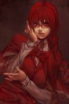  1girl bowtie braid buttons capelet glasses long_hair okazaki_yumemi parted_lips red-framed_glasses red_eyes redhead shikihara_mitabi simple_background single_braid smile solo touhou touhou_(pc-98) vest 