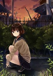  brown_eyes brown_hair cardigan clouds fence maigo_(neko) original ruins school_uniform serafuku shoes short_hair skirt sky sleeves_past_wrists sneakers squatting 