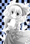  1girl alice_margatroid alice_margatroid_(pc-98) blush checkered checkered_background heart looking_at_viewer looking_back monochrome short_hair smile solo touhou touhou_(pc-98) white-brown 
