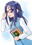  1girl blush book dokidoki!_precure dress glasses hishikawa_rikka long_hair precure purple_hair red-framed_glasses satogo solo violet_eyes 