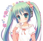  1girl blush green_eyes green_hair hatsune_miku headset kaiware-san solo twintails vocaloid 