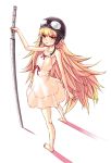  1girl ass bare_shoulders barefoot blonde_hair dress goggles helmet highres long_hair looking_back monogatari_(series) orange_eyes oshino_shinobu reason_(ficafe) see-through solo sword very_long_hair weapon white_dress 