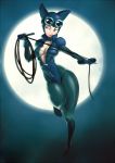  1girl animal_ears batman_(series) blue_eyes bodysuit breasts cat_ears catsuit catwoman dc_comics full_body full_moon goggles goggles_on_head koi_drake large_breasts moon no_bra selina_kyle skin_tight slender_waist smile solo unzipped whip 