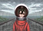  1girl astronaut building chain-link_fence clouds helmet highres looking_at_viewer multicolored_hair original realistic science_fiction spacesuit tree yellow_eyes 