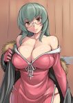  1girl adult bare_shoulders bespectacled breasts cleavage coat dress fur_trim glasses gloves head_tilt huge_breasts lips long_hair panties red_eyes rozen_maiden rozenweapon silver_hair smile solo suigintou thong underwear undressing wide_hips 