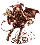  1girl breasts buttons cup fang frills head_wings koakuma link163353 long_hair necktie pantyhose red_eyes redhead simple_background solo tail teapot touhou white_background wings 