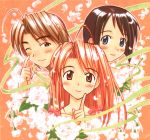  3girls ahoge akamatsu_ken antenna_hair artbook bare_shoulders black_hair blue_eyes blush bob_cut brown_eyes brown_hair bust flower highres jpeg_artifacts konno_mitsune long_hair love_hina maehara_shinobu multiple_girls naked_ribbon narusegawa_naru official_art orange_hair petals ribbon scan short_hair wink 