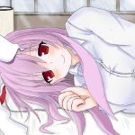  1girl animal_ears blush breasts large_breasts long_hair looking_at_viewer lying purple_hair rabbit_ears red_eyes reisen_udongein_inaba shirt smile solo sprout_(33510539) touhou white_shirt 
