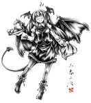  1girl breasts buttons fang frills head_wings koakuma link163353 long_hair monochrome necktie pantyhose simple_background solo tail touhou white_background wings 