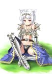  1girl alexmaster animal_ears arm_support armor black_legwear cat_ears gauntlets greaves headpiece highres jewelry midriff necklace original pauldrons red_eyes short_hair sitting solo tattoo thigh-highs white_hair 