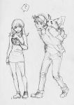  1boy 1girl ? baseball_cap blue_(pokemon) blush bouquet couple flower hat height_difference hiding long_hair minzky pikachu pokemon pokemon_special red_(pokemon) rough shy smile traditional_media 