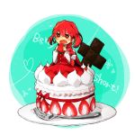  1girl alternate_hairstyle bow braid cake chocolate cross food fork fruit hair_bow long_hair okazaki_yumemi plate red_eyes redhead saliva single_braid solo strawberry suiyou_taruta touhou touhou_(pc-98) twintails vest 