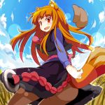  1girl animal_ears blush brown_hair dorowa_no_hito dress fang highres holo long_hair looking_at_viewer open_mouth orange_eyes pantyhose pouch smile solo spice_and_wolf tail wolf_ears wolf_tail 