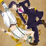  2boys black_hair blue_eyes coin dice earrings gakuran headband higashikata_jousuke jewelry jojo_no_kimyou_na_bouken kishibe_rohan midriff multiple_boys pompadour school_uniform suspenders upside-down yuduko0117 