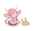  1girl :3 :d arms_up blush bow chibi chuo_(irityuo) closed_eyes gasai_yuno hair_bow heart long_hair long_sleeves mirai_nikki open_mouth pink_hair rabbit simple_background skirt smile solo twintails white_background 