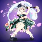  1girl ascot blue_eyes blush breasts cherry_blossoms dual_wielding hair_ribbon hairband ivuki katana konpaku_youmu konpaku_youmu_(ghost) petals ribbon short_hair silver_hair skirt sword touhou vest weapon 