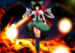  1girl arm_cannon black_hair black_legwear blouse bow cape dd_mayohara feathers fire flying hair_bow long_hair mismatched_footwear red_eyes reiuji_utsuho shoes solo thigh-highs third_eye touhou weapon wings 