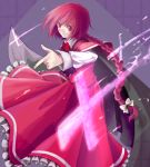  1girl bow braid cape capelet cross dress hair_bow long_hair long_sleeves nanashiba okazaki_yumemi pointing red_eyes redhead single_braid skirt solo touhou touhou_(pc-98) 