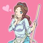  1girl ;) apron blue_eyes blush breasts broom brown_hair hairband heart long_hair mother_bw_(pokemon) pokemon pokemon_(game) pokemon_bw ponytail r-ray simple_background skirt smile solo sweater wink 